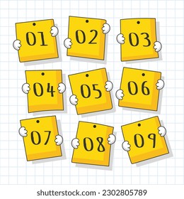 Ilustración de notas pegajosas amarillas con números que muestran 0, 1, 2, 3, 4, 5 y 6. Ilustrador de vectores dibujado a mano