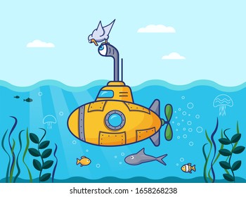 Illustration. The yellow submarine sails into the sea, a bird sits on the periscope and looks into it. Stock vector graphics.