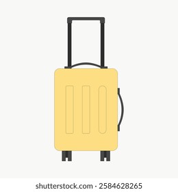 Illustration of a yellow suitcase with wheels and a handle. Yellow suitcase stands upright. Simple design of a yellow suitcase for travel and packing. Vector isolated on white.