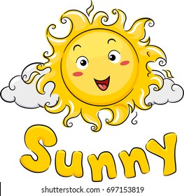 Illustration of a Yellow Sun Mascot in front of Clouds showing a Sunny Weather
