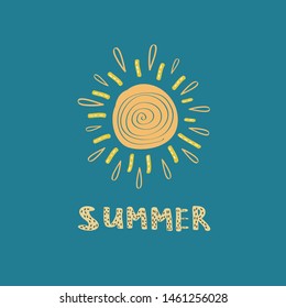 Illustration of yellow sun in the style of a doodle with lettering. Vector flat illustration