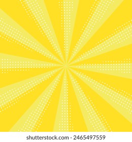 Illustration of yellow sunburst concentrated line background with pop pattern of polka dots