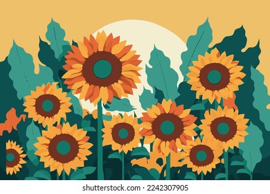 illustration of yellow sunflowers botanical summer background in vector flat color style