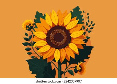 illustration of yellow sunflowers botanical summer background in vector flat color style