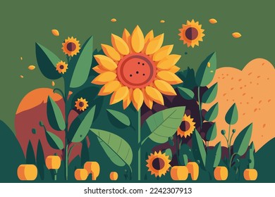 illustration of yellow sunflowers botanical summer background in vector flat color style