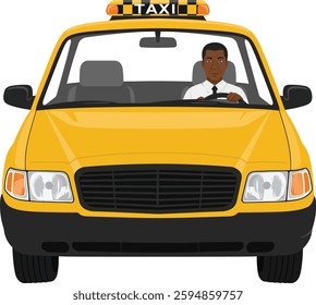 Illustration of a yellow taxi with black driver, isolated on white background