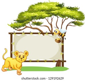 Illustration of a yellow tiger and a flying bee on a white background
