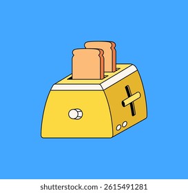 Illustration of a yellow toaster with two slices of bread popping out in cartoon hand drawn vector style design for breakfast visuals, kitchen icons, or food graphics