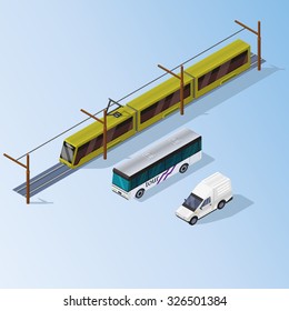 Illustration of an yellow tram, white bus and car. Modern transport icon.