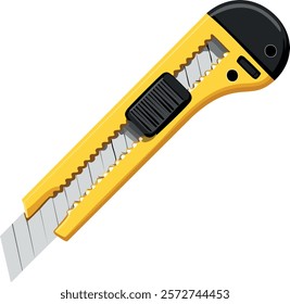 Illustration of a yellow utility knife with a retractable blade, commonly used for cutting.