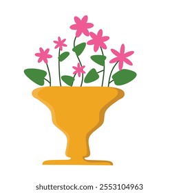 eine Illustration einer gelben Vase, die mehrere rosafarbene Blumen mit grünen Blättern enthält. Die einfachen, abgerundeten Blütenblätter und die verschiedenen Größen der Blumen verleihen dem fröhlichen Design Tiefe und Abwechslung.