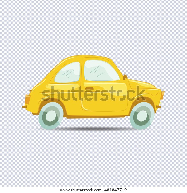 Illustration of yellow vector cartoon car\
over empty vector\
background.