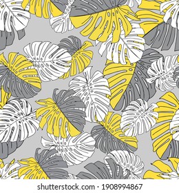 Illustration of yellow and white leaves monstera isolated on a gray background. Seamless pattern