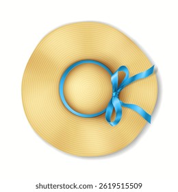 Illustration of yellow widebrimmed sun hat accented with vibrant blue ribbon creating elegant summer accessory against white background