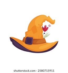 Illustration of a yellow witch hat adorned with a red flower, green leaves, and a brown belt, featuring a rustic design. Yellow Witch Hat with Flower Accent