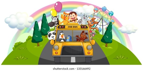 Illustration of a yellow zoo bus at the road on a white background