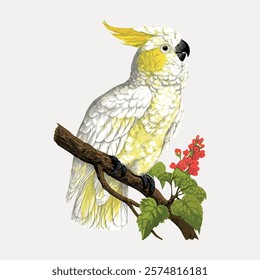 Illustration of a yellow-crested cockatoo perched on a branch. The cockatoo features vibrant yellow and white feathers. Cockatoo with a striking yellow crest. Vintage illustration isolated, vector.