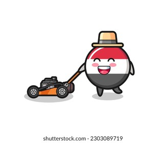 illustration of the yemen flag badge character using lawn mower , cute style design for t shirt, sticker, logo element