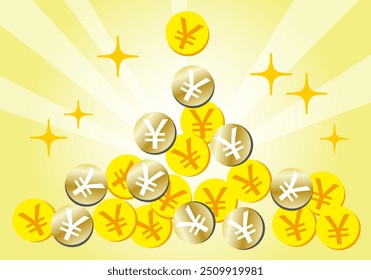 Illustration of yen (￥) coins falling one after another yellow background 