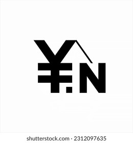 Illustration of yen currency symbol with up arrow on negative space with word Yen. Japanese Yen currency deflation inflation concept.