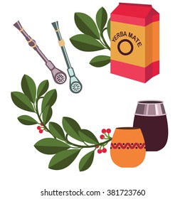 Illustration of yerba mate, bombilla, calabash