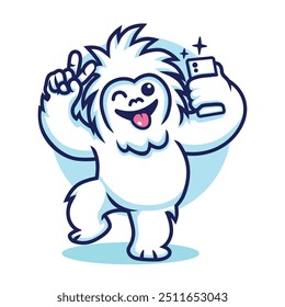 Illustration of Yeti Cartoon Vector Taking Selfie Using Smartphone while Posing and Smiling Cheerfully