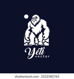 Illustration of a Yeti with mountains and a moon backdrop. Logo, vector, emblem, label, badge. template