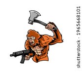 illustration of a yeti warrior with an axe and firearm.
