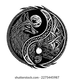 Ilustración de yin yang lobo celta, aislado de fondo blanco.