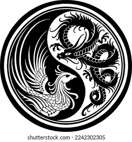 Illustration yin yang dragon and phoenix. Vector illustration tattoo.
