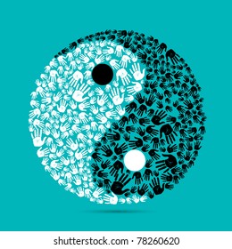 illustration of yin yang made of human palm on plain background