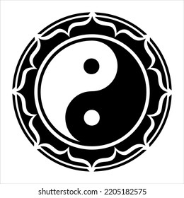 Illustration of a Yin Yang symbol, Lotus flower frame, Chinese philosophy, Daoism, spiritual symbol, polarity, duality, vector on white background