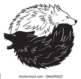 Illustration of yin yang wolf. Portrait of black and white dogs of yin yang. Vector illustration for the children. Tattoo.
