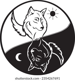 Illustration of yin yang wolf. Portrait of black and white dogs of yin yang. Vector illustration for the children. Tattoo. yin yang logo fun black and white illustration of wolf inside balance zen.