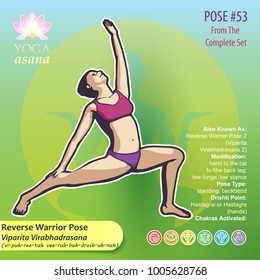 Illustration of Yoga Exercises with full text description, names and symbols of the involved chakras. Female figure showing the position of the body, posture or asana in sitting position.