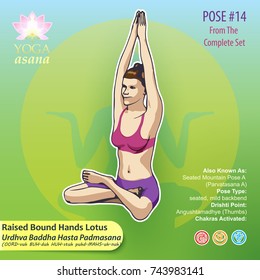Illustration of Yoga Exercises with full text description, names and symbols of the involved chakras. Female figure showing the position of the body, posture or asana in sitting position.