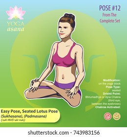 Illustration of Yoga Exercises with full text description, names and symbols of the involved chakras. Female figure showing the position of the body, posture or asana in sitting position.