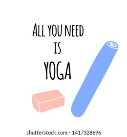 Illustration yoga mat and 
yoga brick in cartoon style. Vector.