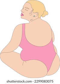 ilustración modelo de pose gorda modelo posar sentado detrás de chicas en biki traje de baño peinado zapatos de fondo boceto de impresión dibujar líneas en blanco y negro