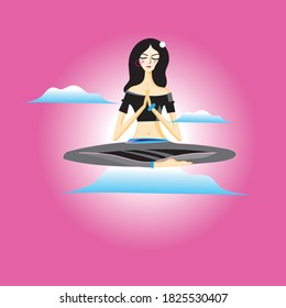 Illustration of a Yogi girl on clouds in the sky on a pink background. Example of a yoga girl for advertising a salon or website.