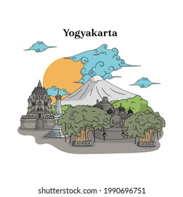 Illustration of Yogyakarta landmark. Hand drawn Indonesian illustration. Borobudur temple, Prambanan temple, Tugu Jogja.