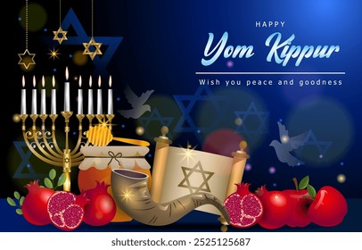 Illustration von yom kippur Hintergrund mit jüdischem Element und blauem Hintergrund. Gradientenkonzept