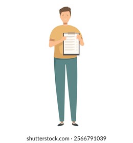 Illustration of a young adult male standing and holding a clipboard with a checklist, representing organization, productivity, and task management in a flat cartoon character design vector