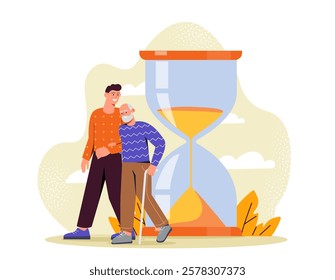 Illustration of a young adult supporting an elderly man with a cane beside a large hourglass. Minimalist flat design on light background. Concept of time and care. Vector illustration