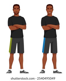 ilustração de um jovem afro-americano em trajes de esporte ou ginástica, sorrindo enquanto está de braços cruzados. Estilo de vida saudável e conceito de fitness. Isolado no branco.