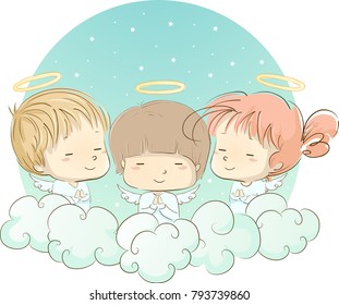 Illustration of Young Angels In White Praying among the Clouds in the Sky