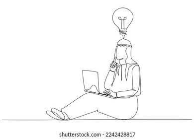 Illustration of young arab businessman with laptop has an idea. Single continuous line art style