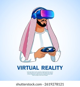 illustration of young Arab men wearing headset using modern augmented virtual reality technology
