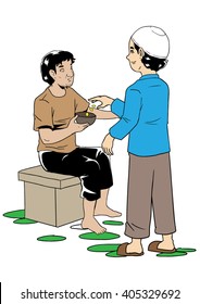 An illustration of a young asian man giving money to the poor