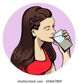 Illustration of a young attractive woman drinking a glass of water